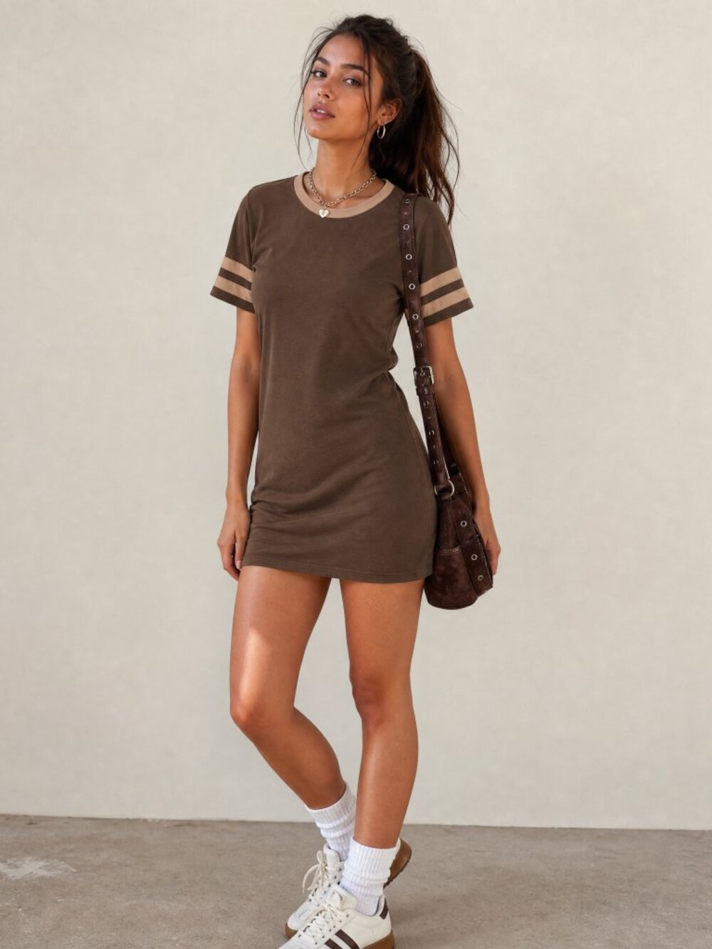 Forever 21 Brown Ringer T Shirt Dress Varsity Stripe Short Sleeve Mini Athletic